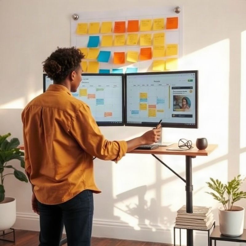 Strategist reviewing a 90-day editorial calendar across two monitors