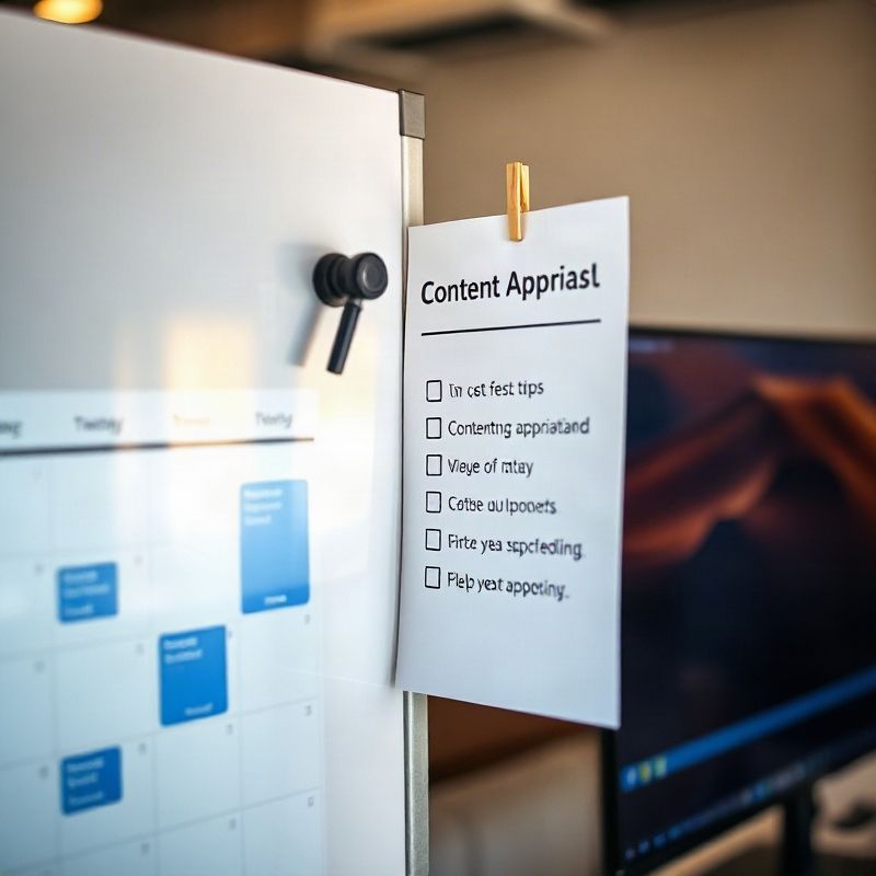 Approval checklist pinned beside a monitor showing a scheduling calendar