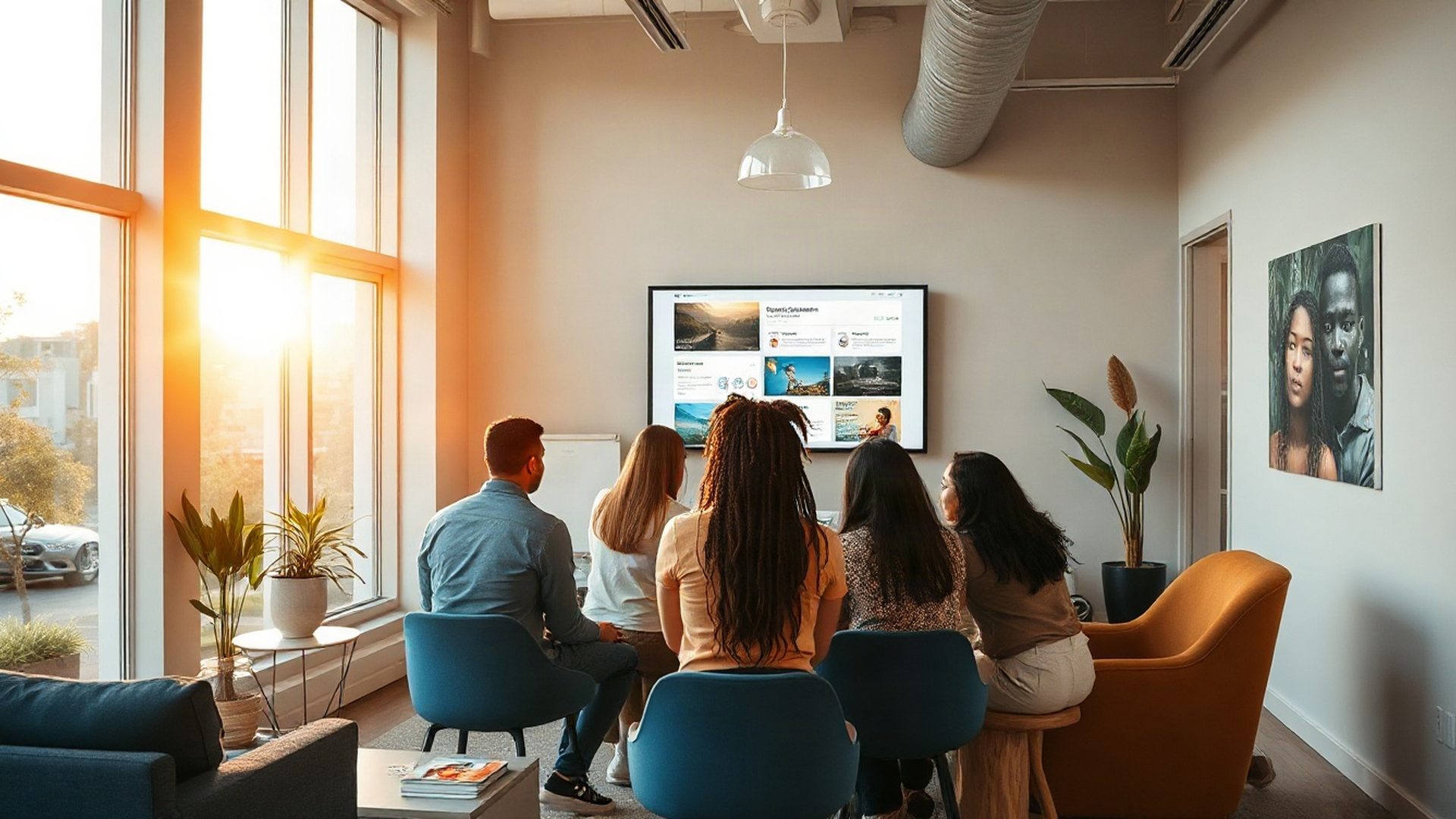 Pandallumen team gathered around a content dashboard in a bright Nairobi office
