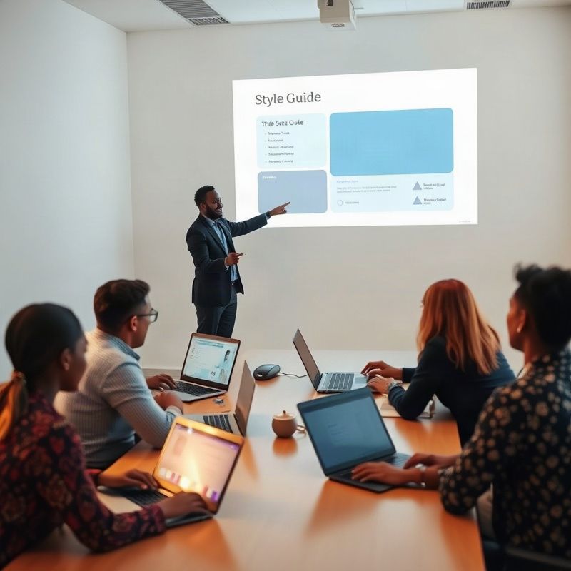 Small team in a Nairobi boardroom reviewing a projected style guide