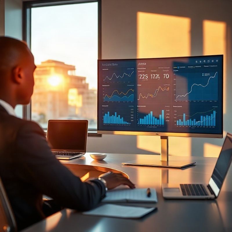 Looker Studio dashboard on a curved monitor with line and bar charts