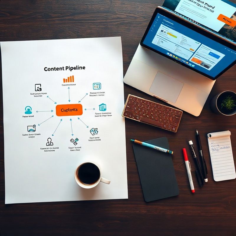 Overhead flat-lay of a content workflow diagram beside a laptop